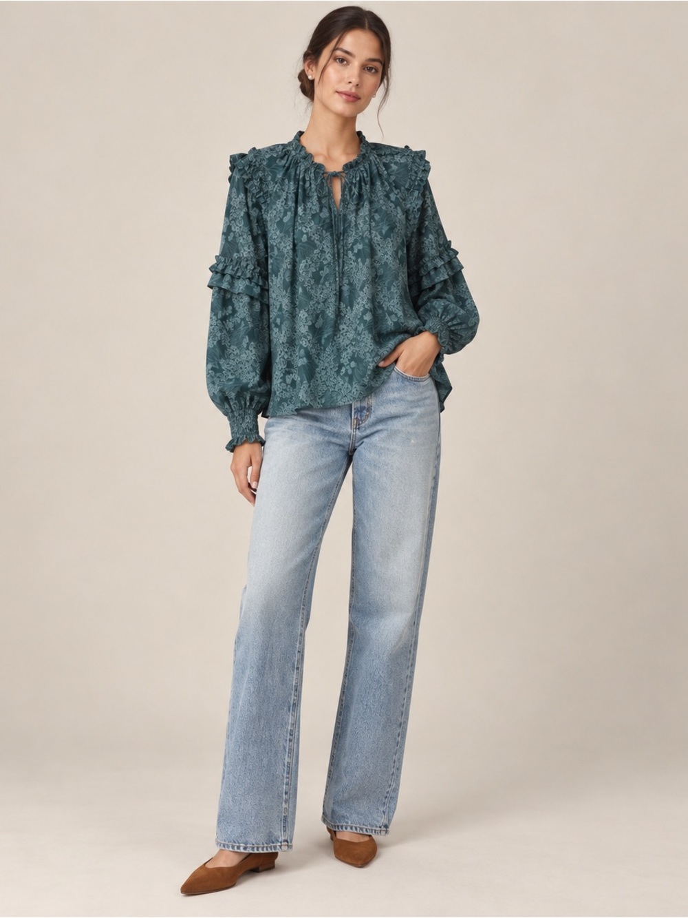 Current Air Teal Floral Ruffle Tie-Neck Blouse boho L